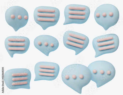 Creative 3D chat icons set, symbolizing dialogue, conversation, texting, communication apps, forums, and social media interaction.