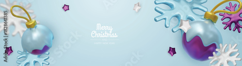 Elegant pastel Christmas baubles and winter elements form a light, joyful holiday background ideal for cards, banners, and festive promotions