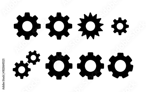 Silhouette gear icons set: collection of black cogwheel silhouettes for mechanical design