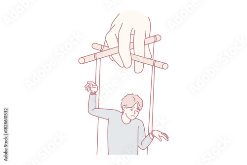 Hand holding man on ropes manipulating steps and actions. Puppeteer control unhappy guy. Manipulation and lack of freedom. Vector illustration.