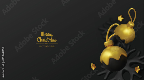 Elegant black and gold Christmas background with shiny ornaments and snowflakes, perfect for luxury holiday greetings, banners, and festive advertising designs