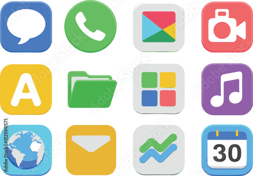 Colorful 3D mobile app icons set, modern UI symbols, communication, media, tools, navigation, folder, music, email, calendar collection illustration