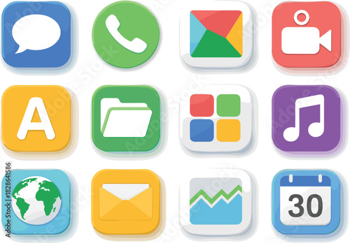 Colorful 3D mobile app icons set, modern UI symbols, communication, media, tools, navigation, folder, music, email, calendar collection illustration