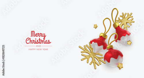 Happy New Year and Merry Christmas. Christmas holiday background with realistic 3d objects, bauble balls, conical metal stars. Levitation falling design composition.