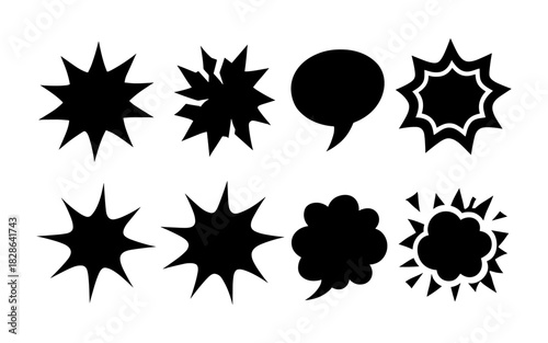 Retro comic burst elements set: speech and explosion bubbles in classic silhouette style
