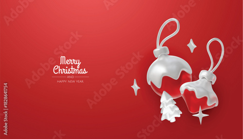 Happy New Year and Merry Christmas. Christmas holiday background with realistic 3d objects, bauble balls, conical metal stars. Levitation falling design composition.