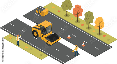 Isometric road construction scene with asphalt roller, workers, traffic cones, autumn trees, highway maintenance, infrastructure development, roadway repair illustration
