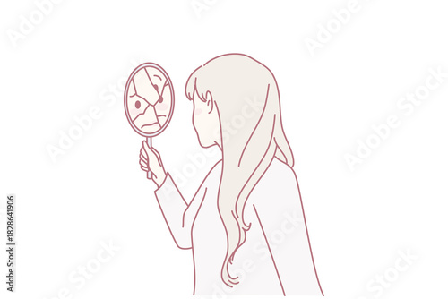 Woman looking in broken mirror suffer from personality disorder. Unhappy female struggle with psychological or mental problems. Vector illustration.