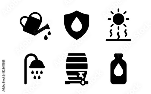 Silhouette icons of water conservation and usage for eco-friendly design