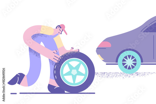 Repairman and changing car wheels concept