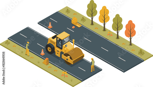 Isometric road construction scene with asphalt roller, workers, traffic cones, autumn trees, highway maintenance, infrastructure development, roadway repair illustration