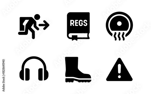 Safety symbols set: exit, regulations, biohazard, headphones, work boots, warning