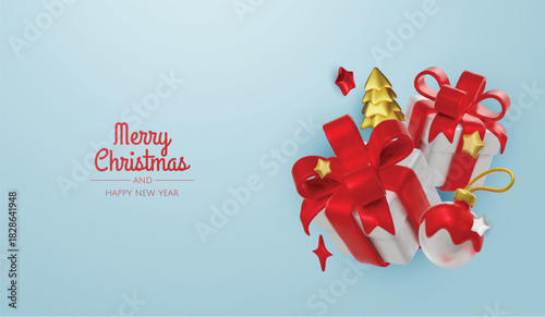 Festive Christmas scene with red gift boxes and snowflakes on a soft blue background.