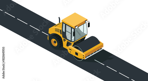 Isometric road roller machine paving asphalt, construction vehicle illustration, heavy equipment on roadway, roadwork machinery concept, transportation infrastructure development