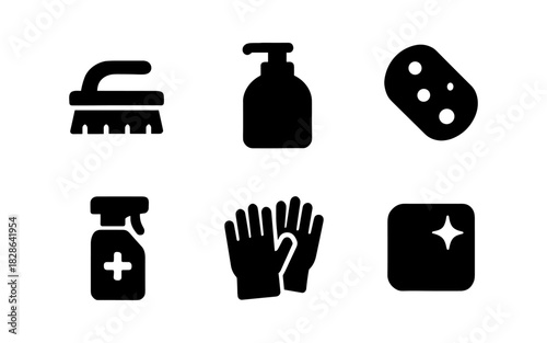Silhouette icons of cleaning tools: brush, soap dispenser, sponge, spray, gloves, sparkle