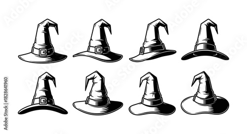Collection of Eight Vintage Witch Hats in Black and White Illust