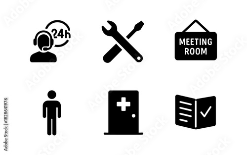 Essential office and service icons: customer support, tools, meeting, directions, healthcare, checklists