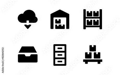 Set of minimalist icons: cloud download, warehouse, storage solutions