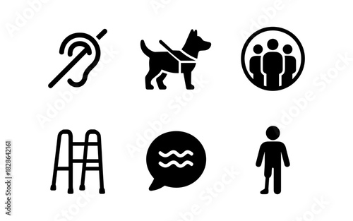 Accessibility icons set featuring hearing aid, guide dog, and wheelchair
