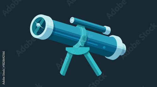 A stylized illustration of a telescope, in pixel art style, with a tripod base, set against dark background