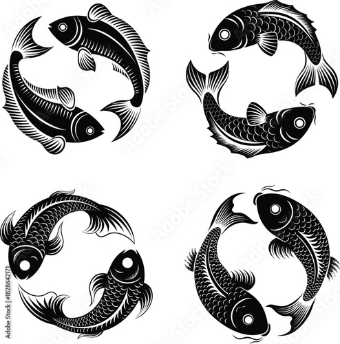  Pisces Zodiac Symbol Illustration  Stylized Astrological Fish, Celestial Horoscope Sign, Mythology Line Art & Monochrome Vector Collection