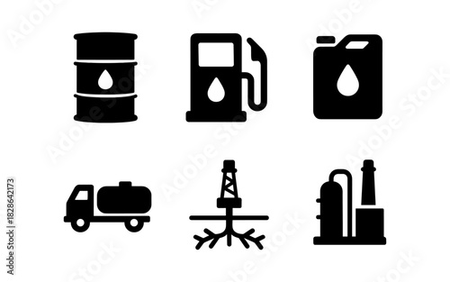Black silhouette icons of oil industry equipment and infrastructure