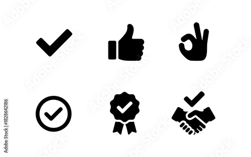 Essential approval icons: checkmark, thumbs up, ok gesture in black silhouette