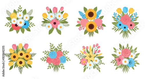 Colorful floral bouquets arrangement with transparent background