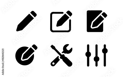 Set of black tool icons: pencil, wrench, screwdriver, controls for editing