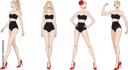 Pin-Up Fashion Model Set: Posing Figures in Black Strapless Swimwear or Lingerie, High Heels, and Blonde Hairstyles