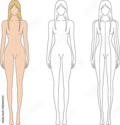 Fashion Croquis Progression Template Set: Full Color, Outline, and Construction Lines for Design and Technical Flats
