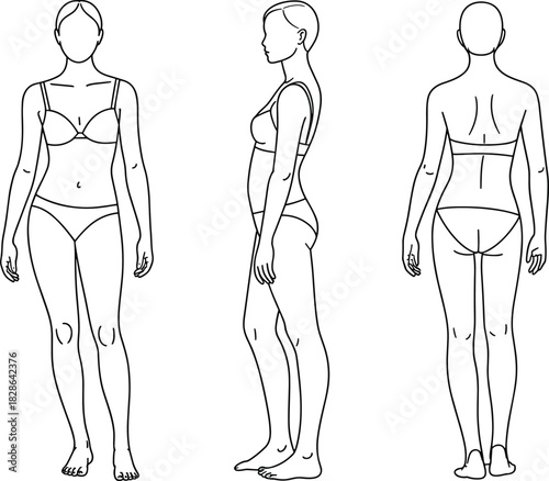 Technical Fashion Croquis Template: Female Body in Front, Side, and Back Views for Garment Design and Fit Analysis