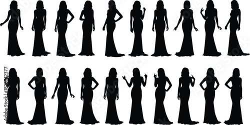 Collection of Twenty-Two Female Silhouettes in Elegant Evening Gowns: Long Dresses and Poses for Event and Gala Graphics