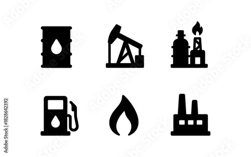 Energy industry icons set: oil, gas, and industrial elements in a minimal design