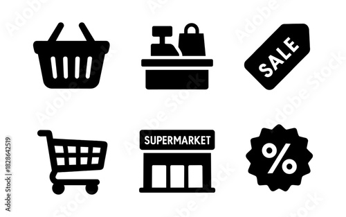 Essential shopping icons: grocery, cart, sale, cash register, supermarket