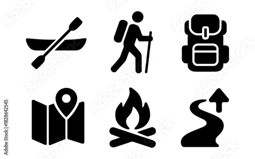 Outdoor adventure icons: hiking, camping, and exploration symbols for nature enthusiasts