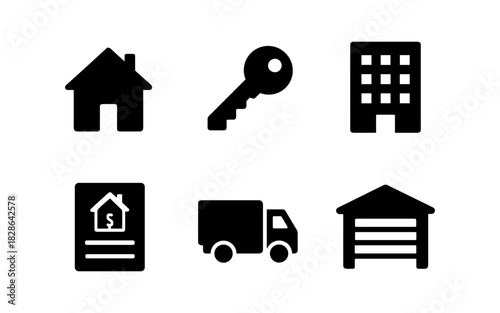 Essential real estate and property icons: house, key, building, document, delivery truck, garage