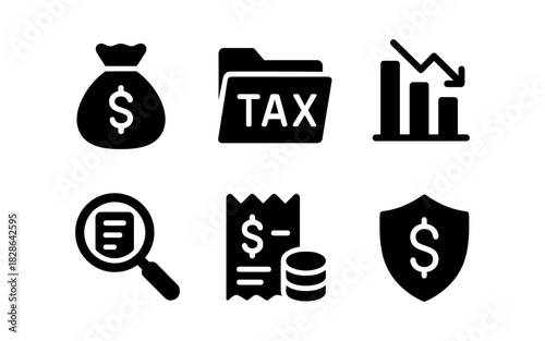 Financial and tax symbols set with icons for business and investment concepts