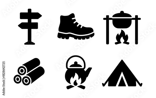 Silhouette icons of outdoor camping equipment for hiking and adventure activities