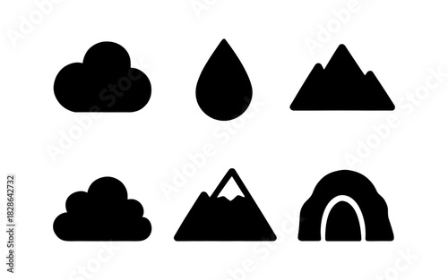 Silhouette icons of clouds, water drop, mountain peaks, and cave entrances