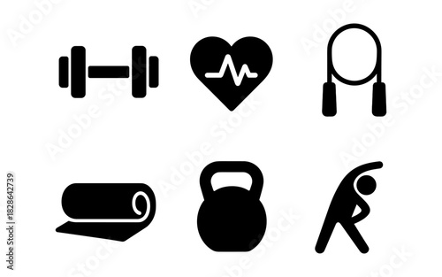 Fitness silhouettes: dumbbell, heartbeat, jump rope, exercise mat, kettlebell, stretching