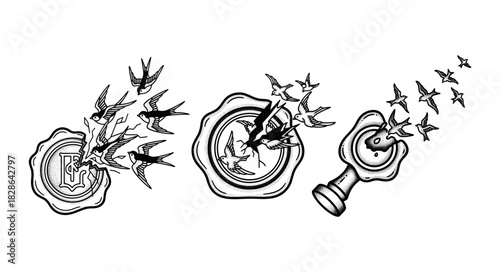 Three wax seals with swallows flying around them.