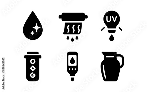 Water purification icons set: uv filtration and testing symbols in bold silhouette