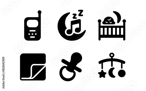 Baby monitor, pacifier, and crib mobile icons in bold black design