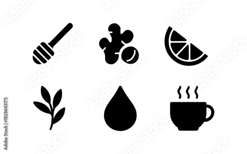 Black and white icons of honey, ginger, citrus, tea cup, leaf, and drop