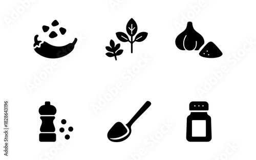 Spice icons: chili, herbs, garlic, pepper, spoon, salt in bold silhouette design