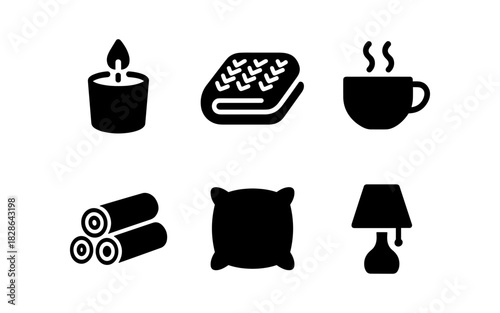 Cozy home icon set featuring candle, blanket, mug, firewood, pillow, and lamp