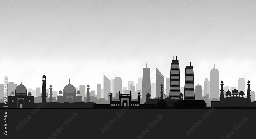Naklejka premium Urban Silhouette: A Detailed Cityscape in Black and White