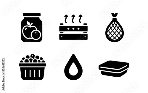 Simple icons of food preservation methods in black and white style