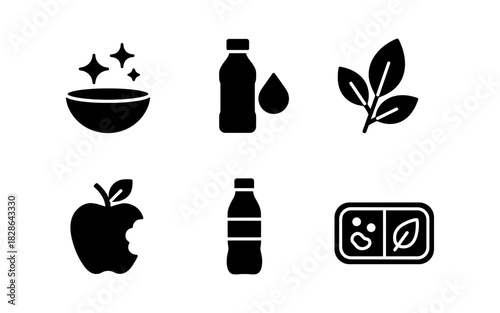 Minimalist black icon set of food and drink elements